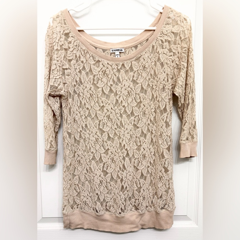 Express Lace Top Beige Cream Floral Sheer Blouse 3/4 Sleeve Medium Boho